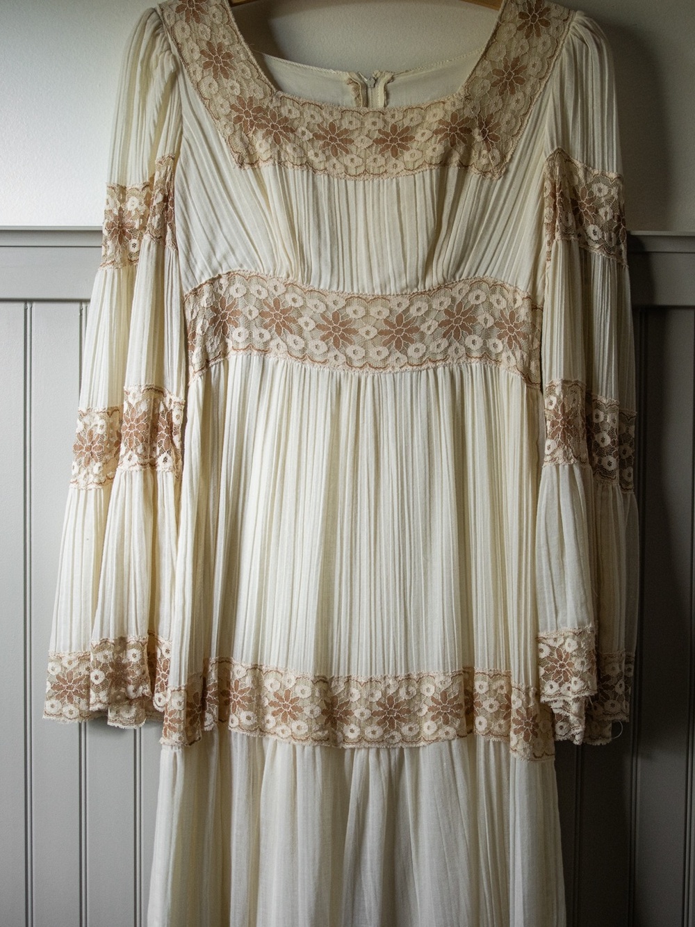 VTG 70s Roberta California Prairie Maxi Dress Ivory Lace Cottagecore Boho - Picture 2 of 16